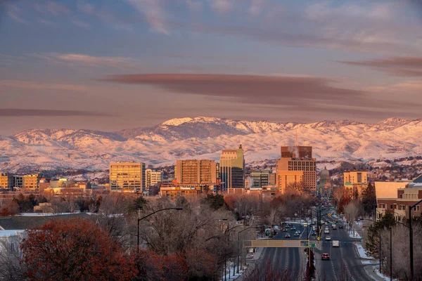 Vista Icônica Boise Capital Inverno Pôr Sol Fotografias De Stock Royalty-Free