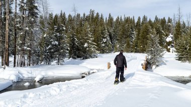 Kar, kar ayakkabılı adamla kaplı bir köprü.