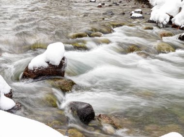 Cold water of a creek with ice and snow