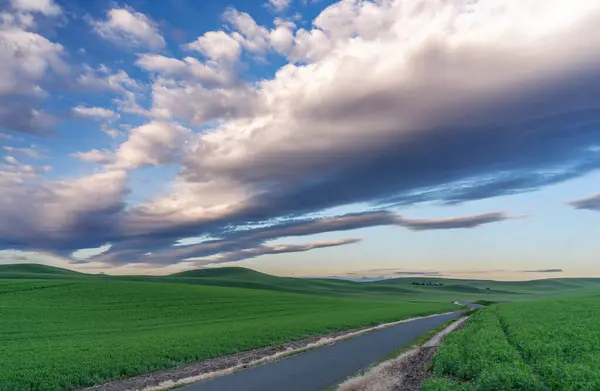 Dirt Road Leads Farm Fields Clouds — Stock Photo, Image