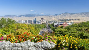 Renkli çiçekler ve Boise Idaho şehri 
