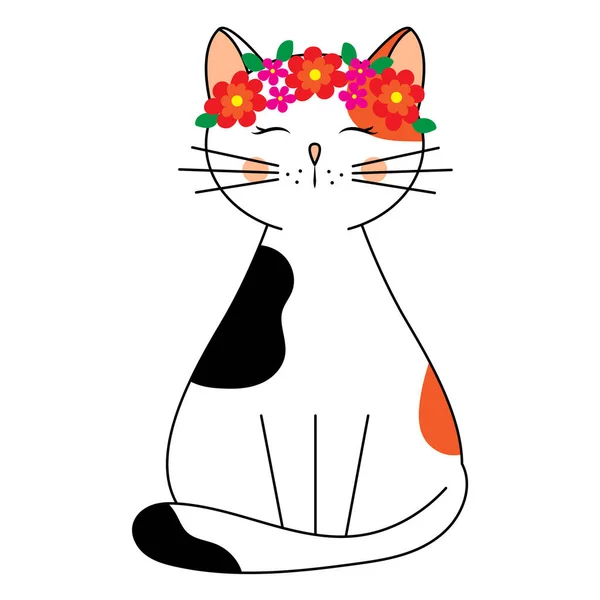 可愛い猫が花輪で 子供の春のイラストをドアスタイルで ベクトルグラフィックス — ストックベクタ