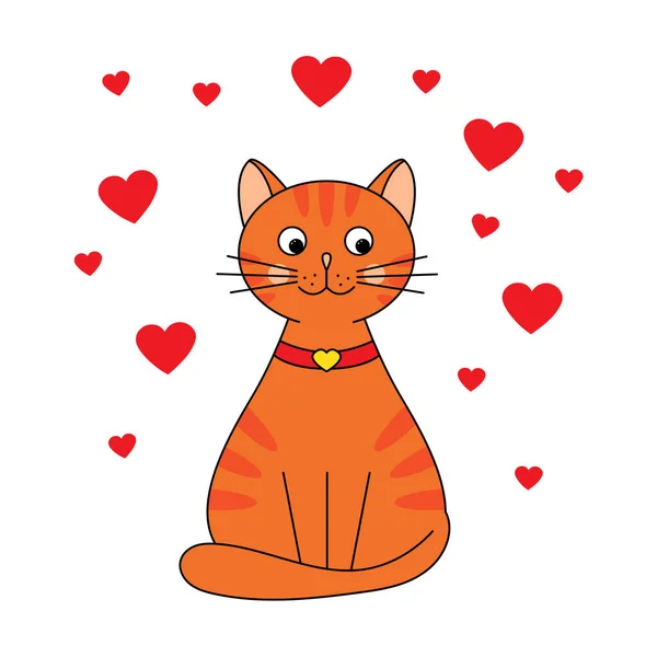 Mignon Chat Rouge Avec Des Cœurs Chat Amoureux Carte Postale — Image vectorielle
