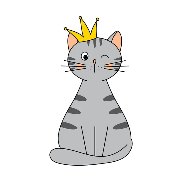 皇冠上可爱的灰猫 明信片 印刷品的儿童图片 在白色背景上孤立的向量图 — 图库矢量图片