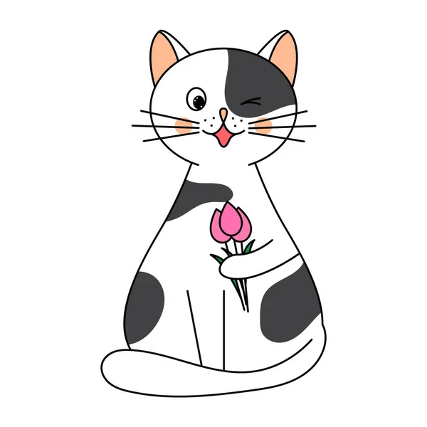春天明信片你好春天 有趣的可爱的猫与一束粉红色郁金香印刷在T恤 枕头上 白色背景的矢量说明 — 图库矢量图片
