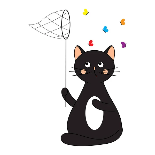 Nette Katze Fängt Schmetterlinge Kinderillustration Stil Eines Doodle Vektorgrafik Auf — Stockvektor