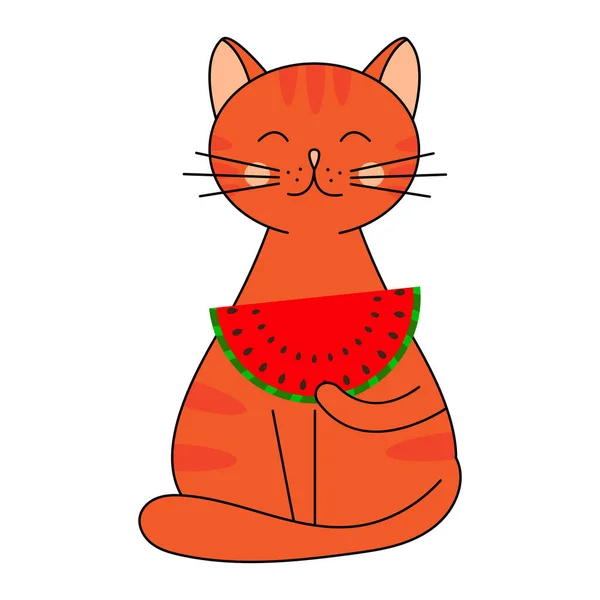 Lindo Gato Comiendo Sandía Ilustración Infantil Verano Gráficos Vectoriales — Archivo Imágenes Vectoriales