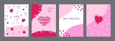 Sevgililer Günü konsept posterleri. Vektör çizimi. Geometrik arkaplanda çerçevesi olan düz kırmızı ve pembe kağıt kalpler. Sevimli aşk satışı afişleri ya da tebrik kartları