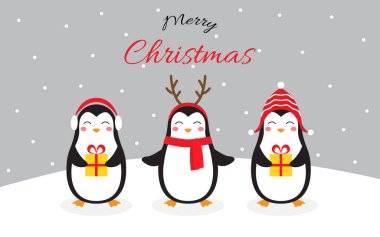 Karlı arka planda sevimli Noel penguenleri. Noel tebrik kartı. Karalama biçiminde vektör illüstrasyonu