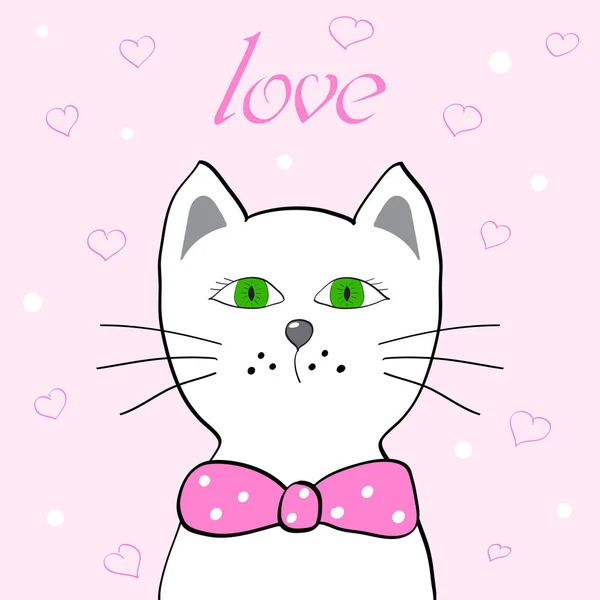 Disegna Illustrazione Vettoriale Gatto Bianco Con Sfondo Rosa Parola Amore — Vettoriale Stock