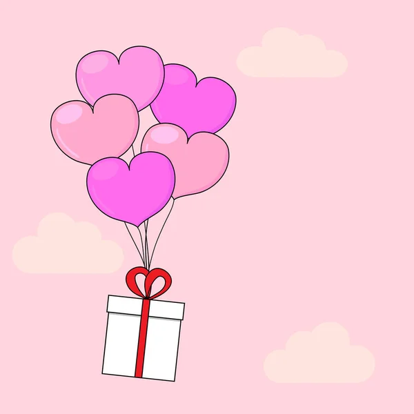 Открытка Любви День Святого Валентина Кучей Сердечных Шариков Подарком Облаках — стоковый вектор