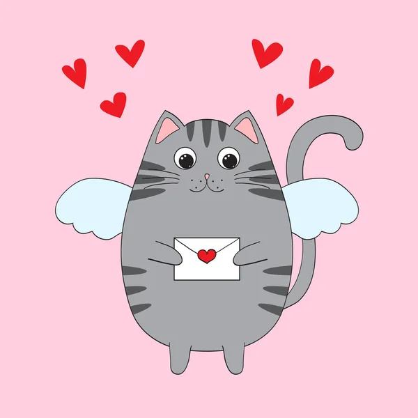 Cute Postać Kreskówki Kot Skrzydłami Trzymając Kopertę Łapach Walentynki Lub — Wektor stockowy