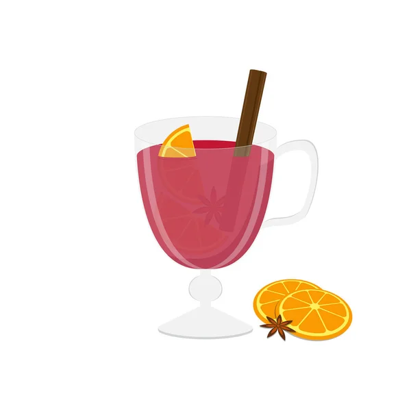 Świąteczne Grzane Wino Pomarańczą Cynamonem Anyżem Ilustracja Wektora Izolowana Białym — Wektor stockowy