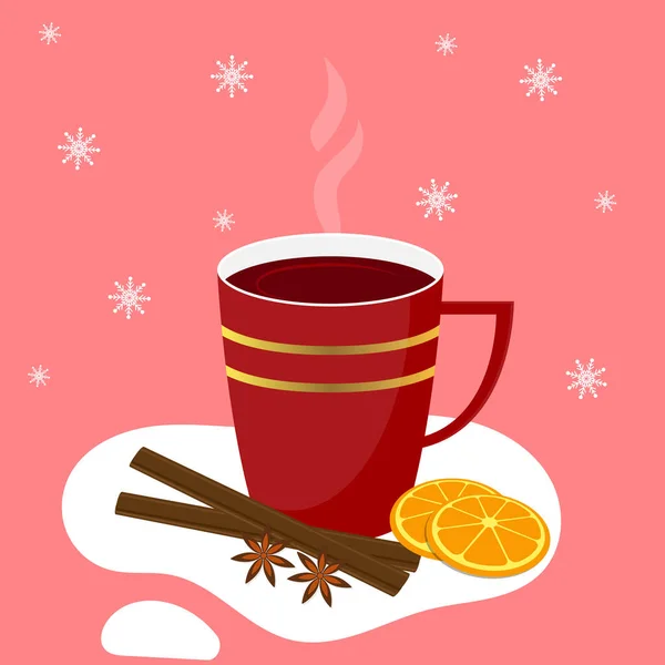 Mulled Wine Cup Hot Aromatic Mulled Wine Cinnamon Orange Anise — Stock Vector