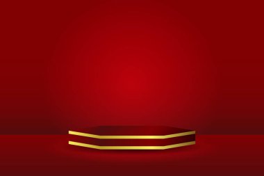 Soyut gerçekçi 3D kırmızı altıgen kaide ya da podyum. Ürün sunumu için koyu kırmızı sahne. Vektör biçimlendirme geometrik platform tasarımı