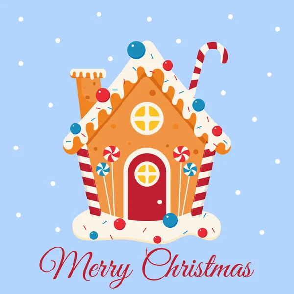 Weihnachtskarten Mit Lebkuchenhaus Auf Schneebedecktem Hintergrund Lebkuchenhaus Mit Bonbons Und — Stockvektor