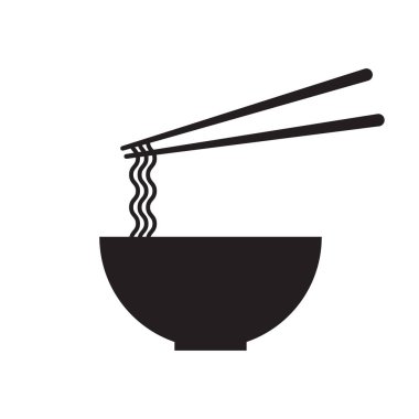 Çubuklu bir kase Japon eriştesi. Japon erişte ikonu. Japon mutfağı. Logo, pankart, menü ve uygulama için tasarım. Beyaz arkaplanda siyah simge