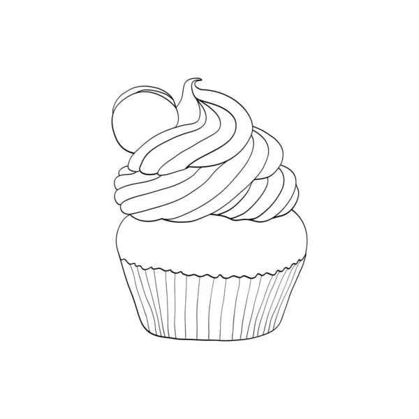 Cupcake Con Gocce Cioccolato Linee Dipinte Sfondo Bianco Disegno Colorare — Vettoriale Stock