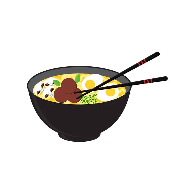 黒いボウルにラーメン キノコ スパイスと中華麺 アジア料理 メニュー カフェ レストラン アプリ バナーのためのデザイン 白い背景のベクトルイラスト — ストックベクタ