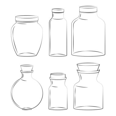 Kavanozları beyaz arka planda siyah çizgiye ayarla. Taslak kavanozları. Vektör illüstrasyonu beyaz arkaplanda izole edildi