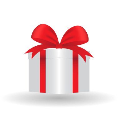 Beyaz vektör hediye kutusu. Arka planda izole edilmiş kırmızı saten fiyonklu gerçekçi bir hediye kutusu. Küp şeklinde hediye kutusu, kırmızı ambalaj kurdelesiyle bağlanmış, yüzeyin önünde duruyor.