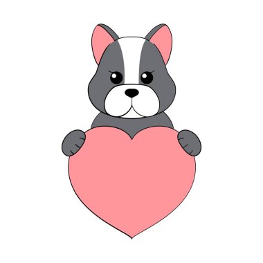 Pençelerinde kalbini tutan sevimli çizgi film köpeği. Sevgililer Günü tebrik kartı ve mesaj için yer var. Davetiye, kart, el ilanı, broşür ve afiş için tasarım. Aşık küçük hayvanlar. Bir aşk ilanı