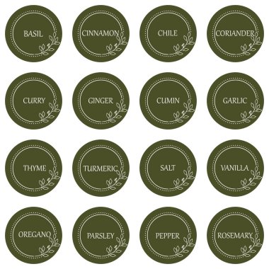 Karton gıda etiketleri ya da çıkartmalar. Mutfak yiyeceklerini baharatlarla işaretlemek için kullanılabilir. Etiketler, çıkartmalar, el işi çıkartmaları, çiçekli çerçeve ve baharatlı İngilizce isim