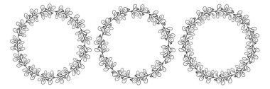 Çerçeve çiçek elementlerinden. Siyah beyaz çerçeve, sınır, bölme, daire şekli, dallar ve yapraklar. Çizgili sanat öğeleri, doğallık ve minimalizm. Düğün için moda stili