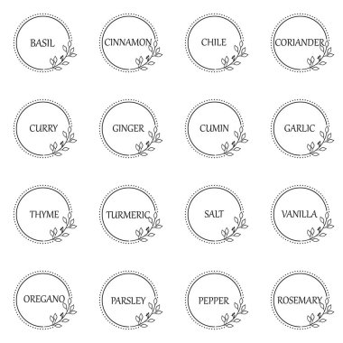 Siyah ve beyaz vektör gıda etiketleri veya çıkartmaları. Yiyecek kavanozlarını, baharat kaplarını etiketlemek için kullanılabilir. Her çıkartma için yuvarlak botanik çerçeve