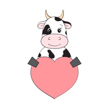 Cute cow with a heart. Valentine card in kawaii style. For the design of prints, posters, stickers, cards and so on. Vector illustration on white background