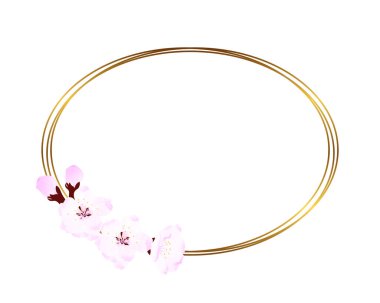 Watercolor frame with soft pink cherry blossom and Golden oval. For wedding design, textiles, ceramics, invitations, greetings, packaging, scrapbooking