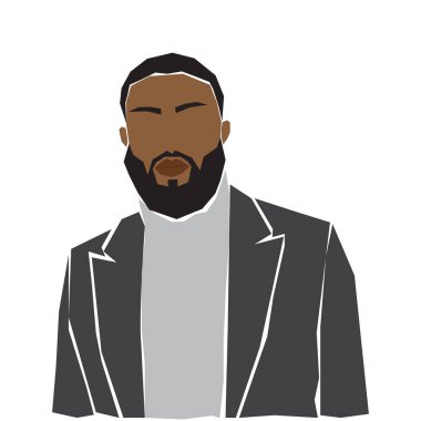 Black afro man with beard in costume. Abstract man portrait. Vector illustration on white background