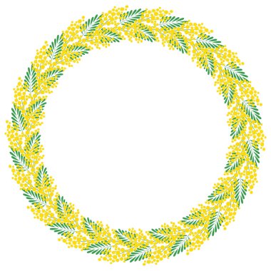 Decorative floral circular frame. Frame made of branches of a blooming mimosa. Template for postcard, invitation, greeting card. Vector illustration