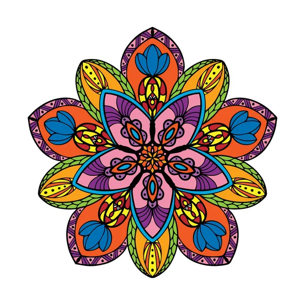 Vektor Handgezeichnete Mandala Karikatur Ethnisches Mandala Mit Farbenfrohen Stammesornamenten Isoliert — Stockvektor
