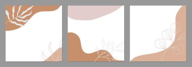 Bitki içerikli pastel renklerde nötr minimal arkaplan. Sosyal medya hikayeleri ve paylaşımları için vektör, davetiye, tebrik kartı, ambalaj, markalaşma tasarımı, afiş, sunum, poster, reklam