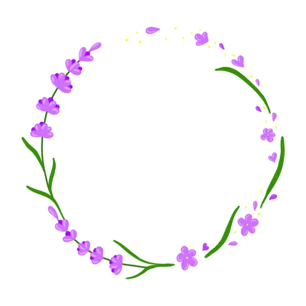 Hand painted lavender wreath. Round frame of lavender sprigs and flowers. Design element. Illustration isolated on white background