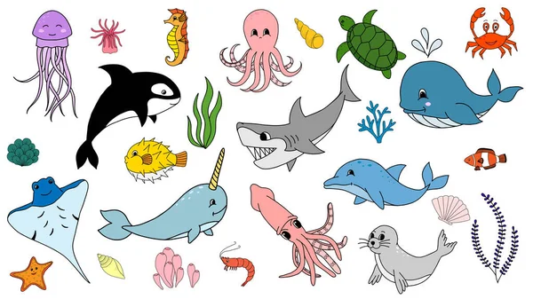 魚や野生の海洋動物は白い背景で孤立しています 海の世界の住民 かわいい 面白い水中生物イルカ 海のカニ 海のカメ フラットマンガイラスト — ストックベクタ