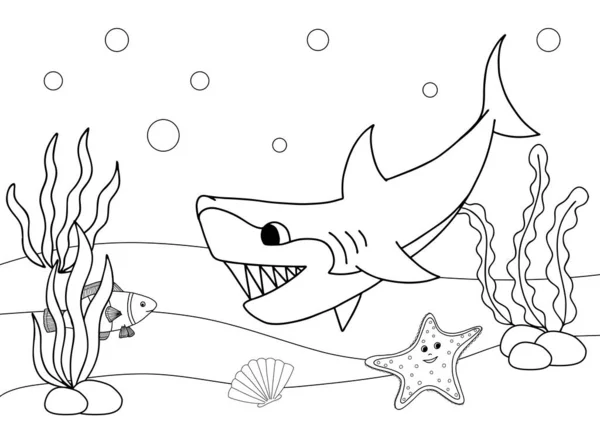 腹が減った漫画のサメ 子供のための絵本かページ マリンライフ — ストックベクタ