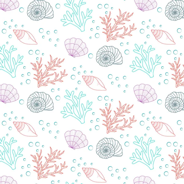 シームレスなパターンとシェルとサンゴ 海洋の背景 招待状 包装紙 織物およびウェブデザインに最適 — ストックベクタ