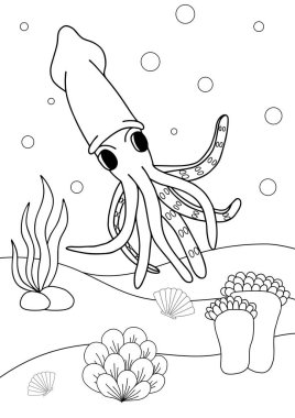 Şirin çizgi film mürekkep balığı. Çocuklar için boyama kitabı ya da sayfa. Deniz yaşamı