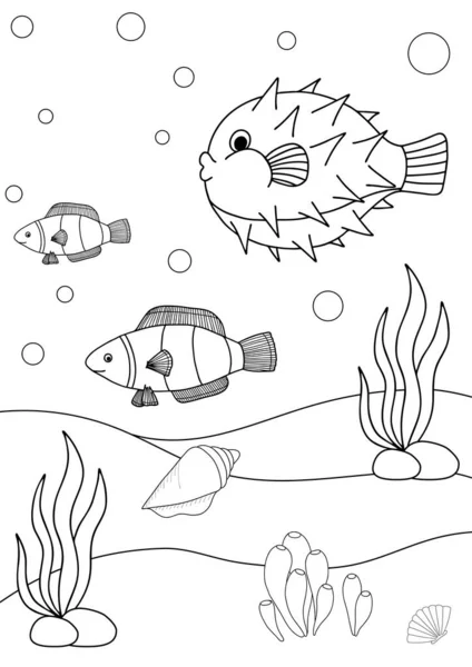 Carino Pesce Dei Cartoni Libro Colorare Pagina Bambini Vita Marina — Vettoriale Stock