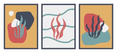 Matisse tarzında soyut modern posterler. Doğadan esinlenilmiş, düzensiz kesme şekilleri olan çağdaş baskı. Çiçekli, yosunlu, kaotik çizgileri olan eski duvar dekorları. Vektör illüstrasyonu