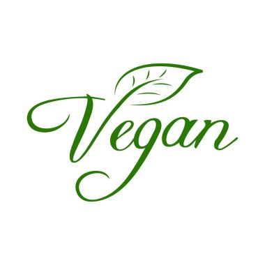 Vejetaryen yemek etiketi, etiket, rozet ve logo. Ekoloji ikonu. Vegan ürünler için yeşil yapraklı logo şablonu. Vektör illüstrasyonu beyaz arkaplanda izole edildi