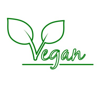 Vejetaryen çıkartması, etiket, rozet ve logo. Ekoloji ikonu. Vejetaryen yemeği ya da vegan ürün için yapraklı logo şablonu. Vektör illüstrasyonu beyaz arkaplanda izole edildi