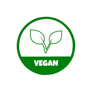 Vejetaryen çıkartması, etiket, rozet ve logo. Ekoloji ikonu. Vejetaryen yemeği ya da vegan ürün için yapraklı logo şablonu. Vektör illüstrasyonu beyaz arkaplanda izole edildi