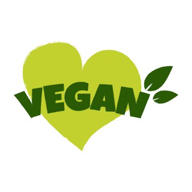 Vejetaryen çıkartması, etiket, rozet ve logo. Ekoloji ikonu. Kalp ve yapraklı logo şablonu vejetaryen restoranı veya vegan ürün için. Vektör illüstrasyonu beyaz arkaplanda izole edildi