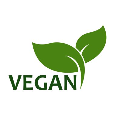 Vejetaryen çıkartması, etiket, rozet ve logo. Ekoloji ikonu. Vegan ürün için yeşil yapraklı logo şablonu. Vektör illüstrasyonu beyaz arkaplanda izole edildi