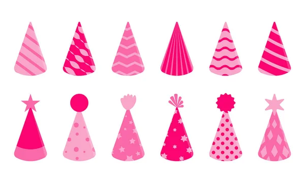 stock vector Birthday party hats set, pink color different shapes. Vector illustration on white background