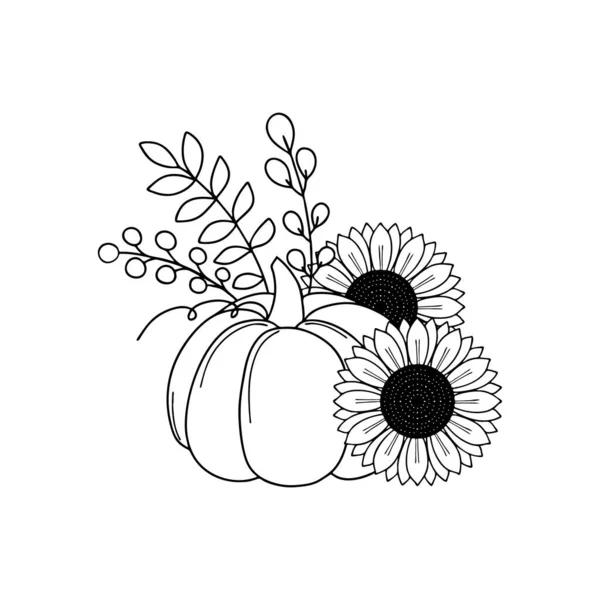 Pumpkins Sunflowers Doodle Illustration Outline Pumpkin Arrangement Hand Drawn Illustration — Stock Vector