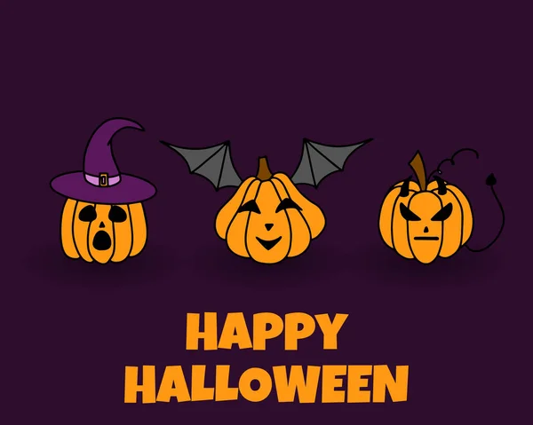 Šťastný Halloween Halloweenské Přání Dýněmi Roztomilé Dýně Různými Tvářemi Ilustrace — Stockový vektor
